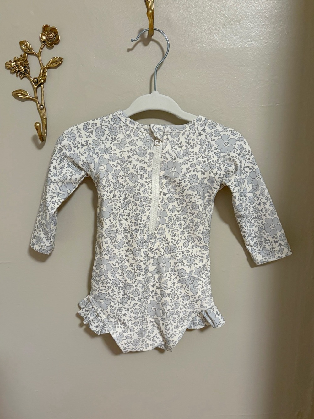 Quincy Mae Cream and Gray Floral Kids Swimsuit